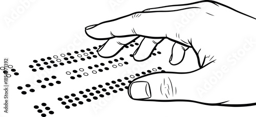 Human hand gently reading braille text showing the tactile method of communication for visually impaired people offering accessibility and inclusion in daily life
