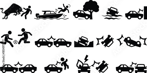 A collection of pictograms depicting various accidents and hazardous situations