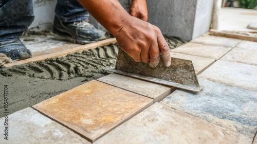 Close-up of a person using a trowel to apply grout between newly laid ceramic tiles, an outdoor construction scene