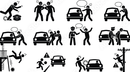 Pictograms depicting common accidents, injuries, and dangerous situations in daily life