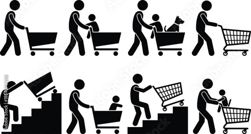 Pictograms illustrating safe and unsafe methods for pushing shopping carts, especially with children.