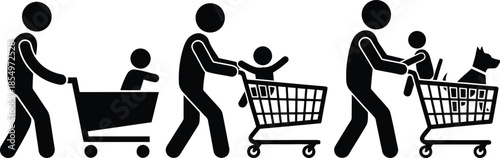 The progression of a family shopping trip depicted by simple pictogram figures