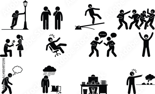 A collection of stick figure pictograms illustrating various human emotions and everyday situations