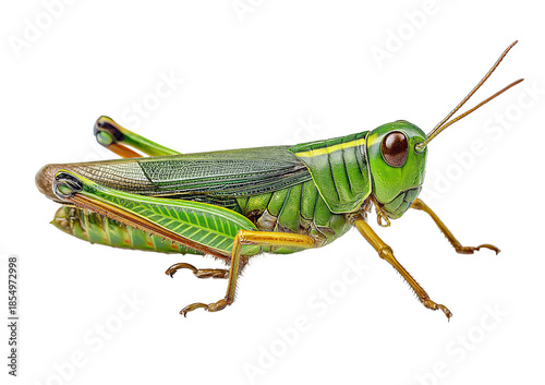 Detailed macro photograph of a vibrant green grasshopper with yellow stripes on its body isolated on a transparent background