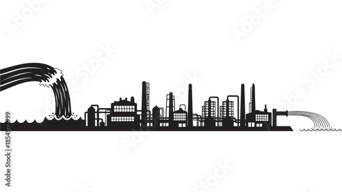 Industrial cityscape silhouette with a wave crashing over the buildings