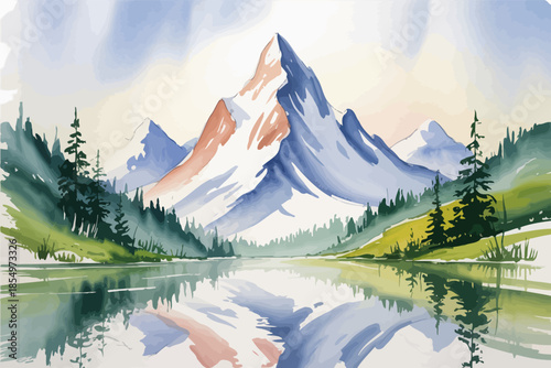 Watercolor sketch of a snow capped mountain with green forest. Isolated nature landscape with alpine peaks and river, hand drawn wilderness illustration for outdoor branding.
