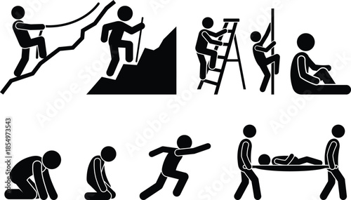 Stick figures illustrating various physical activities from mountain climbing to rescue and exhaustion