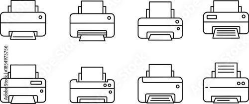 Collection of eight different minimal black and white outline icons representing various modern office printers.