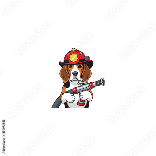 Cartoon dog wearing firefighter helmet holding hose Vector, illustration