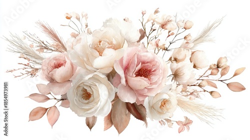 A delicate floral arrangement, featuring soft pink and cream roses with feathery pampas grass and subtle beige accents
