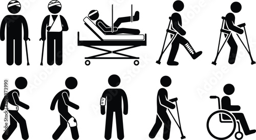 Injured and disabled people pictograms representing different medical conditions and recovery stages