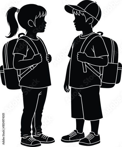 Children silhouette with school backpacks talking together friendship education concept isolated on white background illustration back to school