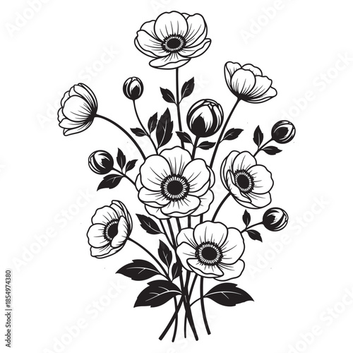 Elegant black and white hand-drawn floral bouquet illustration featuring blooming flowers and buds with leaves. Clean line art style perfect for coloring books, wedding invitations, greeting cards,