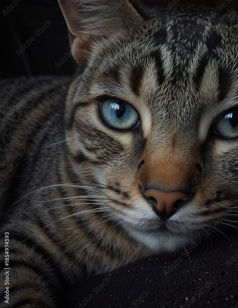 Obraz premium close-up of a beautiful bengal cat with striking blue eyes and detailed fur looking at the camera.
