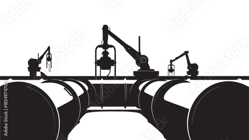 Industrial port scene with cranes loading large cylindrical tanks black and white