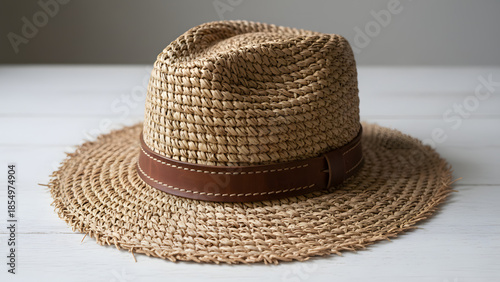 Straw fedora hat with leather band on white wooden table