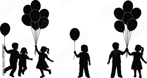 Children silhouettes holding balloons, joyful playtime outdoors, friendship and innocence, happy kids celebration, childhood memories, freedom, unity, happiness, togetherness