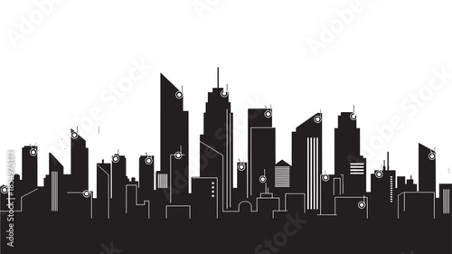 A striking black and white silhouette of a modern city skyline