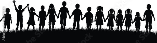 Children silhouettes holding hands in line, unity friendship diversity concept, teamwork childhood innocence isolated on white background illustration