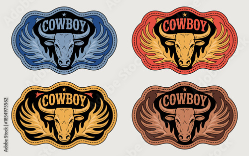 Western style cowboy bull belt buckle vector set design. Retro rodeo illustration with rugged cattle silhouette, vintage trophy buckle graphics for apparel and leatherwork branding.