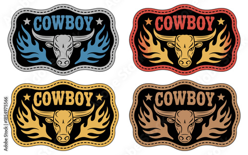Western style cowboy bull belt buckle vector set design. Retro rodeo illustration with rugged cattle silhouette, vintage trophy buckle graphics for apparel and leatherwork branding.