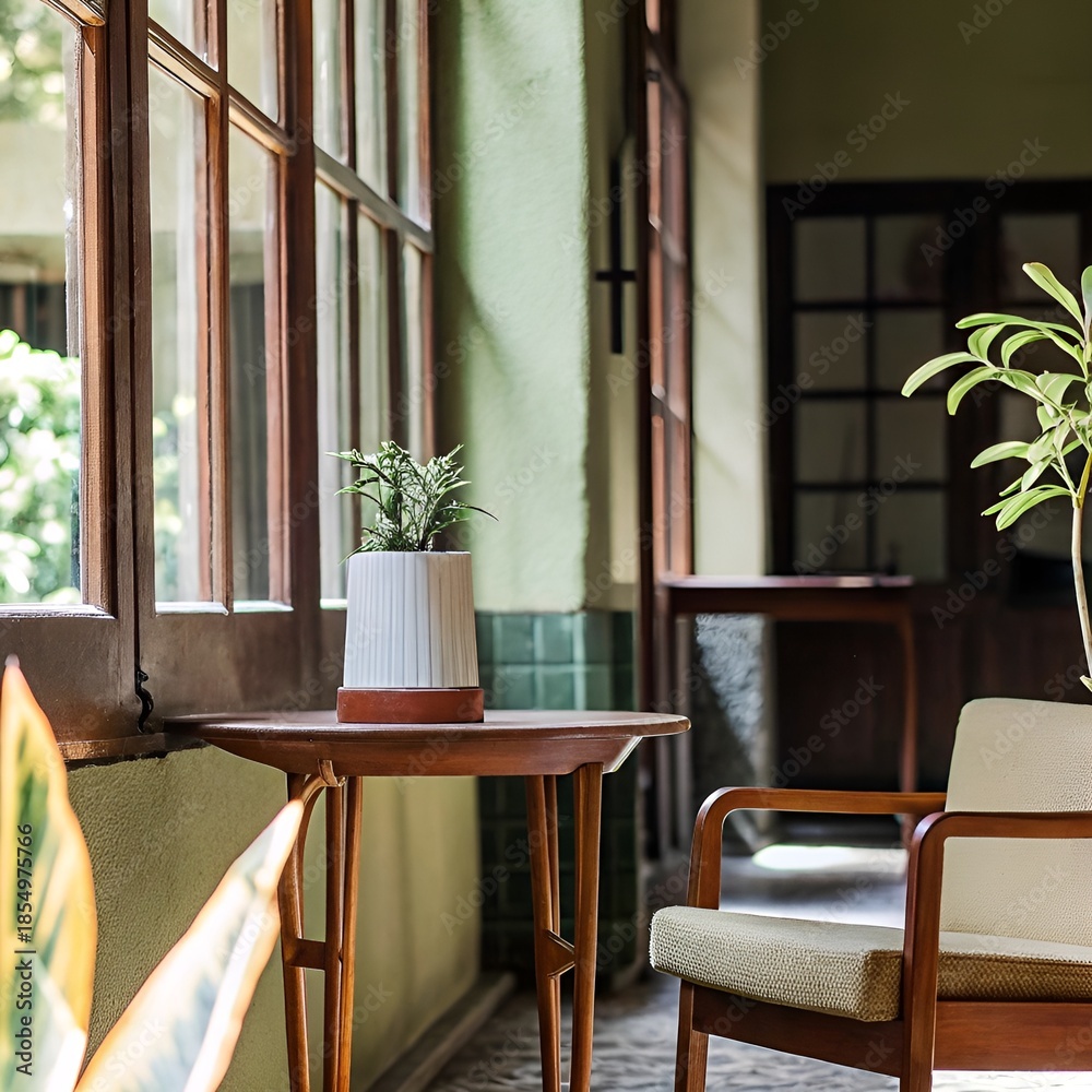 Fototapeta premium Potted plant on wooden table in sunlit room , A small potted plant with a white textured pot sits on a vintage wooden table next to a large window, illuminated by natural light. 