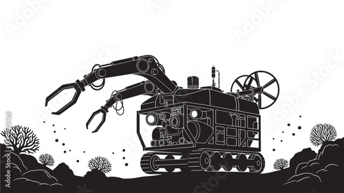A detailed illustration of a large black industrial excavator machine