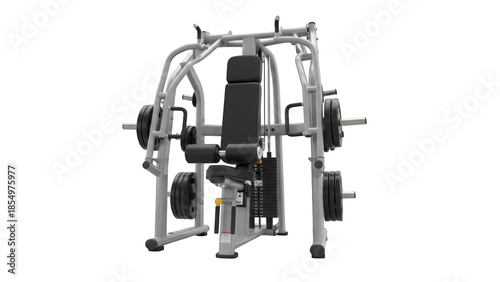 Gray multi gym machine with black seat and weight stacks on black background gym equipment weight machine