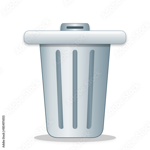 A digital illustration of a light gray trash can with a lid, featuring vertical ridges and a subtle shadow underneath.