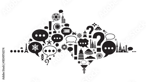 A world map composed of various icons and speech bubbles in black and white