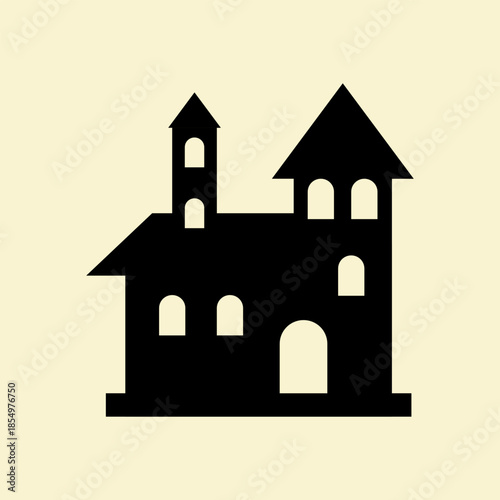 Haunted House Building Icon with Tower and Arched Windows Flat Style
