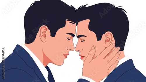 A tender moment shared between two men in a loving embrace with closed eyes