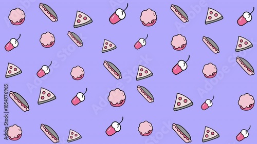 Pattern of various foods like pizza, hotdogs, shakes, and cupcakes. Ideal for food blogs, menus, restaurant promotions, and social media posts.