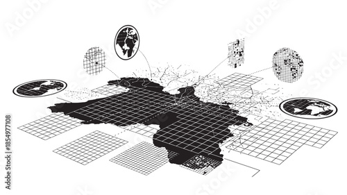 Abstract representation of earth with grid patterns and floating images