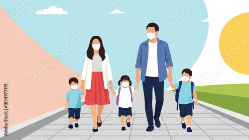 A family wearing protective face masks walking their children to school in the new normal