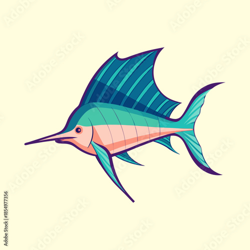 Colorful and stylized marlin fish swimming in the ocean water illustration