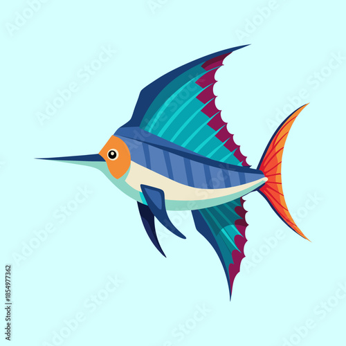 Stylized cartoon image of a blue marlin fish swimming freely in ocean