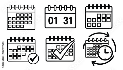 A collection of six calendar icons illustrating various scheduling and time management concepts including daily and monthly views reminders and recurring events