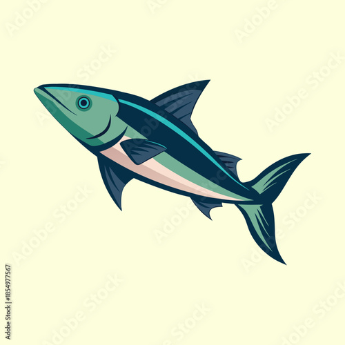 Stylized illustration of a blue and green fish swimming upwards elegantly