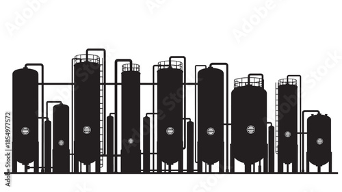 Silhouetted industrial refinery towers against a stark white background