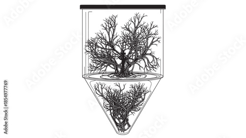 An intricate tree depiction enclosed within a geometric transparent structure