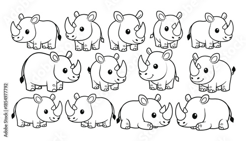 A collection of 15 cartoon rhinoceroses in various poses and angles showcasing their distinctive features and playful expressions in a simple line drawing style