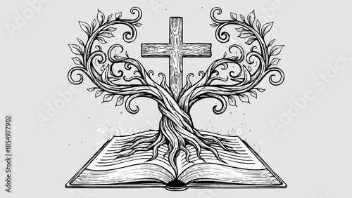 Engraved illustration of a growing life tree with cross and open book