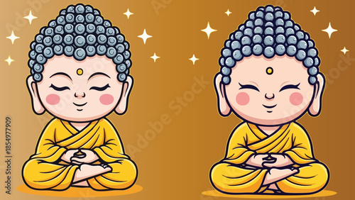 Two cute cartoon baby buddhas meditating in peaceful spiritual practice