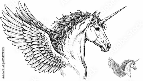 Detailed black and white drawing of a mythical winged unicorn head