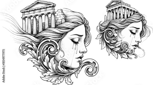 Crying goddess mourning ancient ruins in detailed black and white illustration