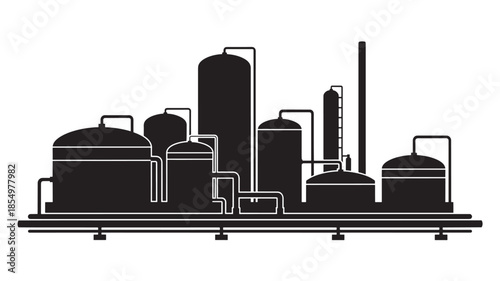 Silhouette of an industrial complex with tanks and pipelines in black and white
