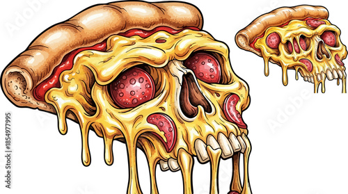 Creepy pizza slice transforms into a melted skull illustration art