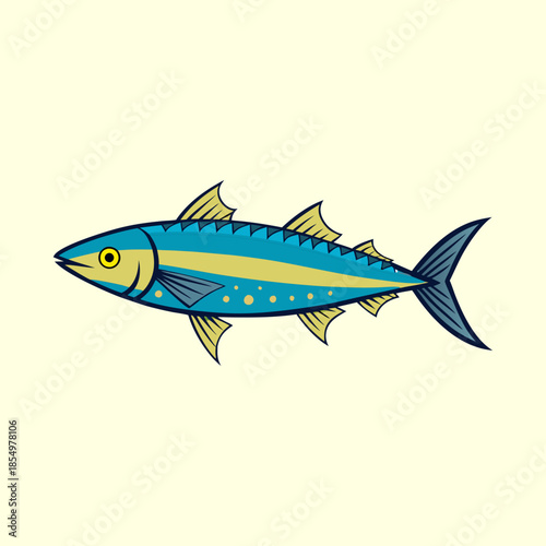 Stylized illustration of a colorful mackerel fish with a yellow background