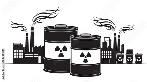 Industrial landscape with radioactive waste barrels and polluting factory chimneys